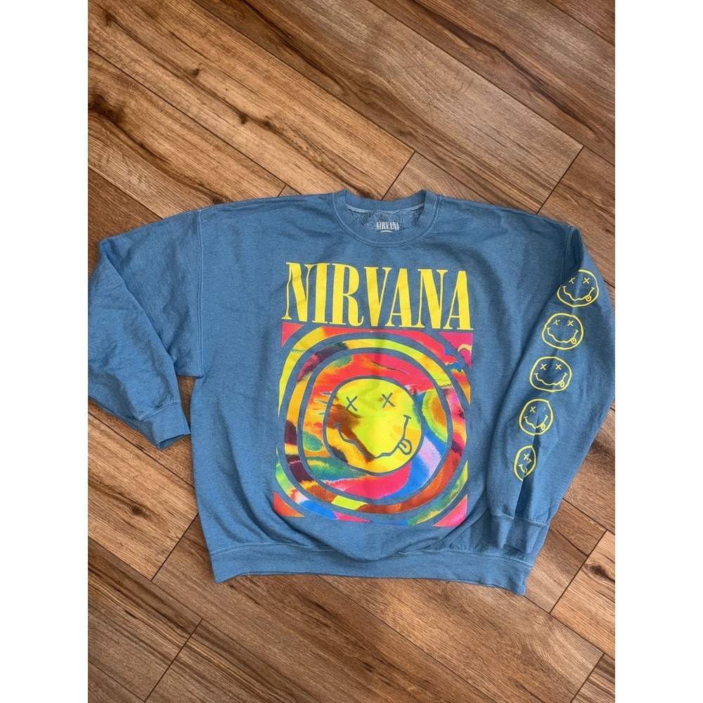Nirvana Smile Sweatshirt Oversized Blue S/M Urban Outfitters Grunge Kurt 90s - Picture 4 of 7